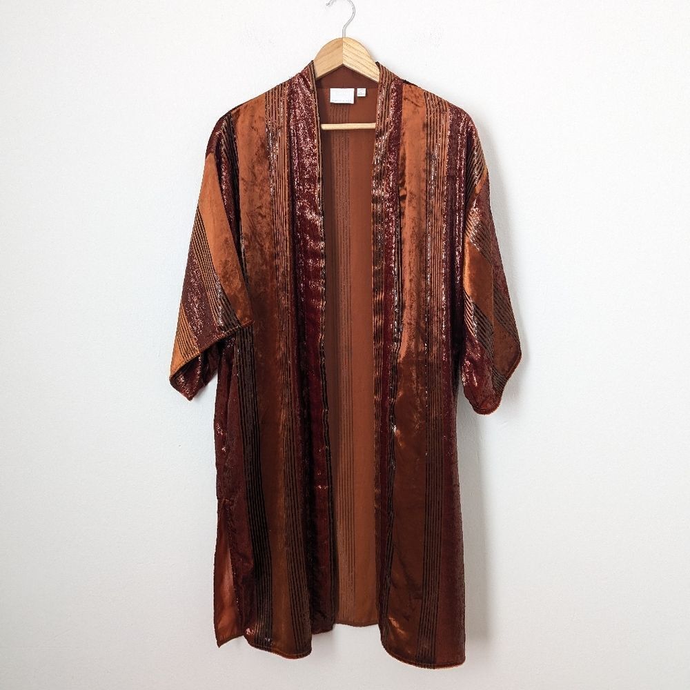 ett:twa Anthropologie burnt orange metallic velvet stripe midi kimono sweater - Picture 2 of 6